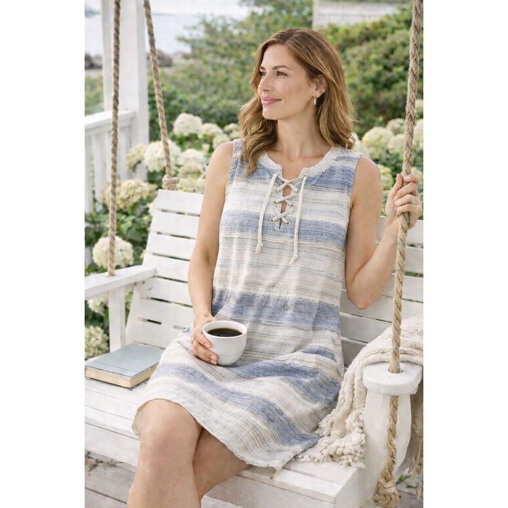 Columbia Summer Time Sleeveless Hemp Cotton Striped Dress Size Medium Grannycore
